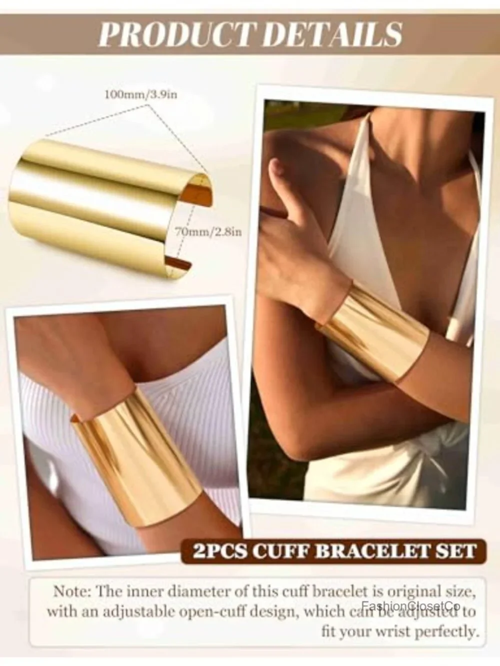 2 Pcs Gold Cuff Bangle Bracelet Set Wide Open Chunky Wire Bracelet Wrist Cuff